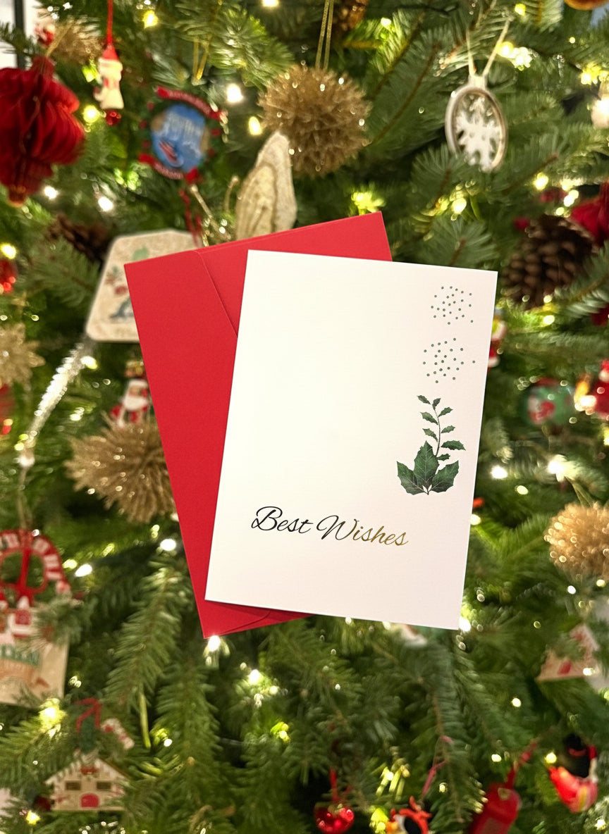 Christmas card with 'Best Wishes' text and green leaf design in front of a decorated Christmas tree.