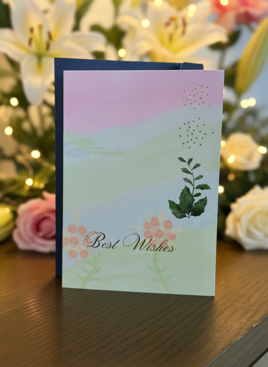 Greeting card with 'Best Wishes' text and decorative elements like flowers Lillies and Roses